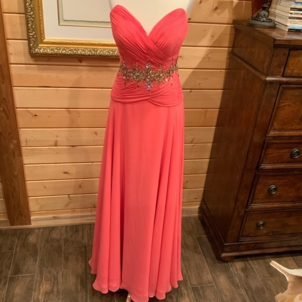 Tony Bowls Beaded Strapless Maxi Prom Dress
